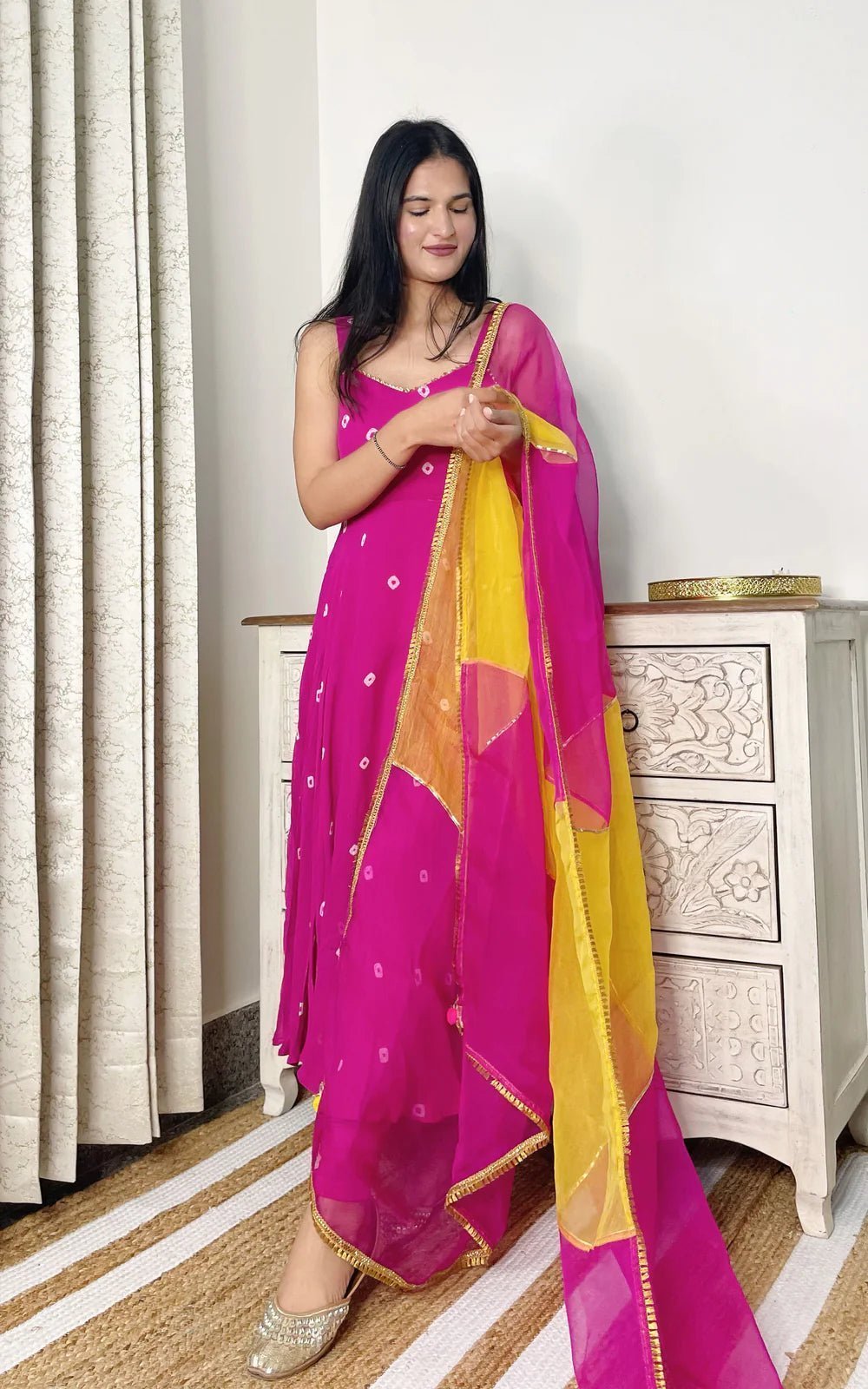 SWATI RATHI PINK BANDHEJ ANARKALI WITH MULTICOLORED ORGANZA DUPATTA