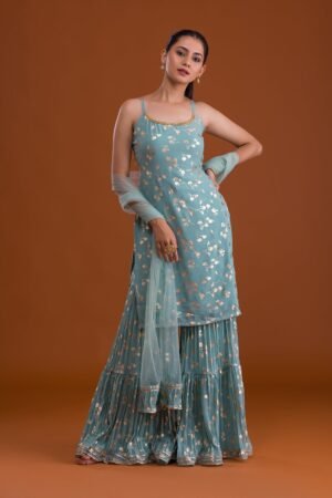 Sea Green Print Georgette Designer Sharara Suit