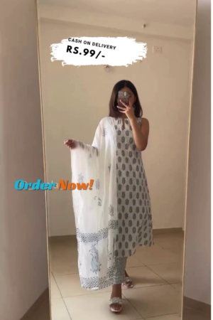 Floral Cotton Round Neck Womens Kurta Trouser Dupatta Set