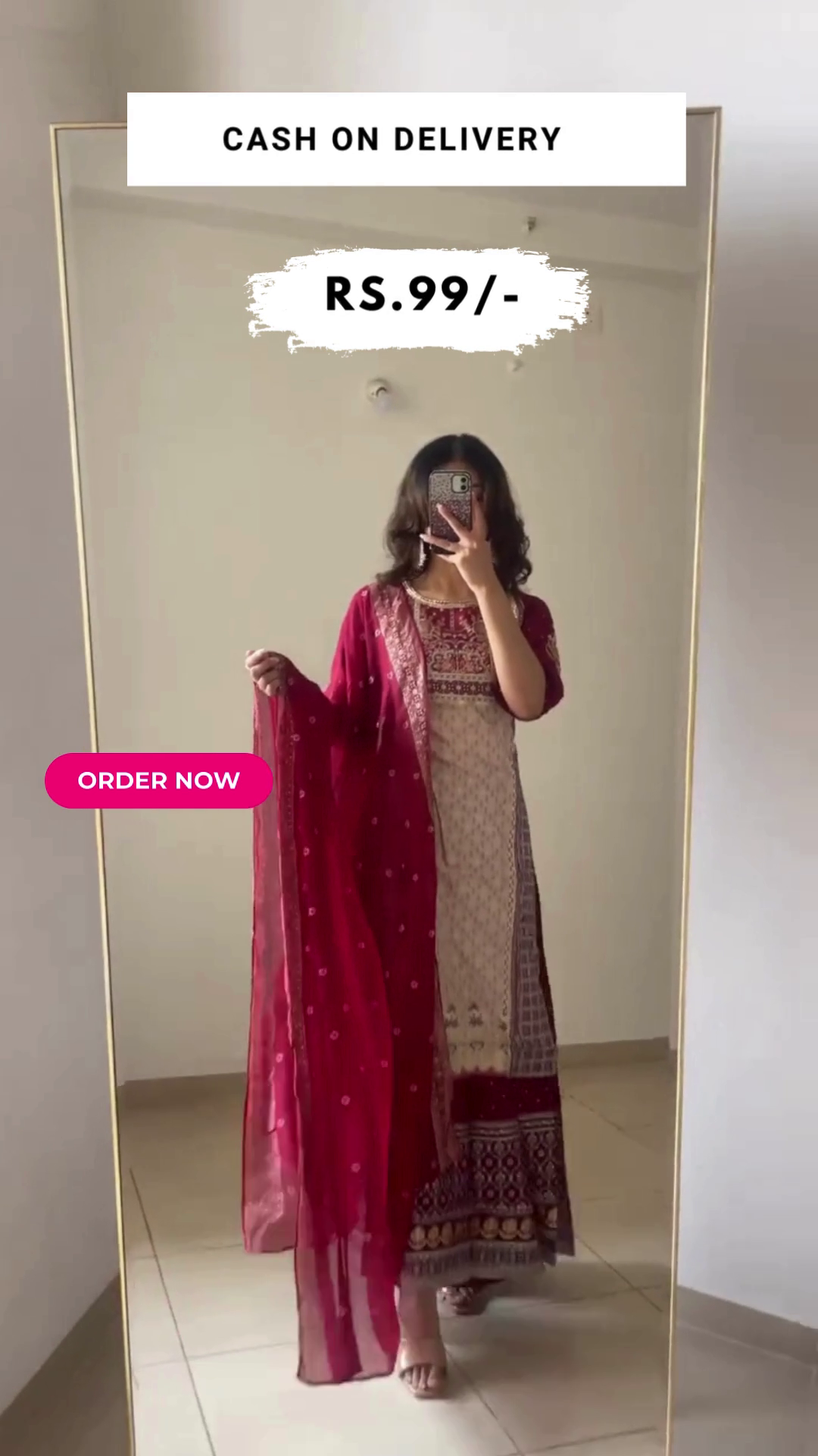 White Embroidered kurta with Red Culottes and Dupatta