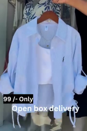 Mint Striped Drawstring Shirt with White Crop Tank